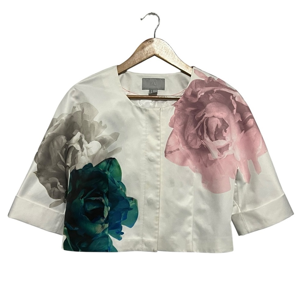 H&M Floral Satin Cropped Jacket Women's 12 Feminine Pink Grey White Snap Front